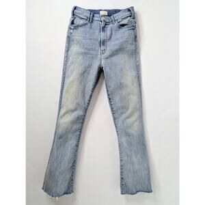 MOTHER Hustler Ankle Fray Jeans 28 Light Blue Flare Leg High Rise Raw Hem Zipper